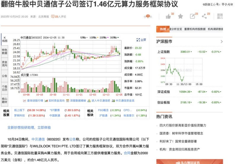 中贝通信子公司签订2000万美元算力服务框架协议,图源:网络公开报道
